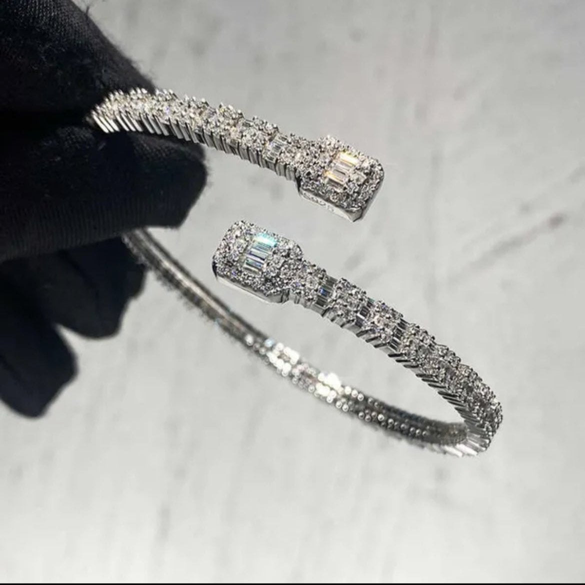 Baguette Sterling Silver Bangle Bracelet Moissanite